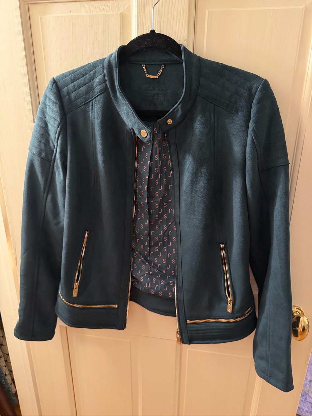 Faux Suede Moto Jacket in Teal with Gold Zippers